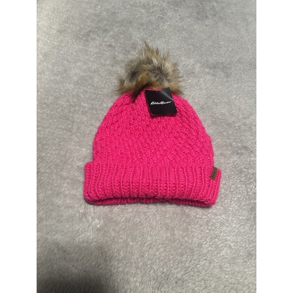 EDDIE BAUER Faux Fur Pom Beanie Hat One Size Pink Womens Stocking Hat NWT